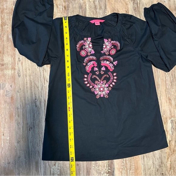 Lilly Pulitzer Iva Embellished Top Black Pink V-Neck Boho Long Sleeve SZ XXS - Picture 9 of 10